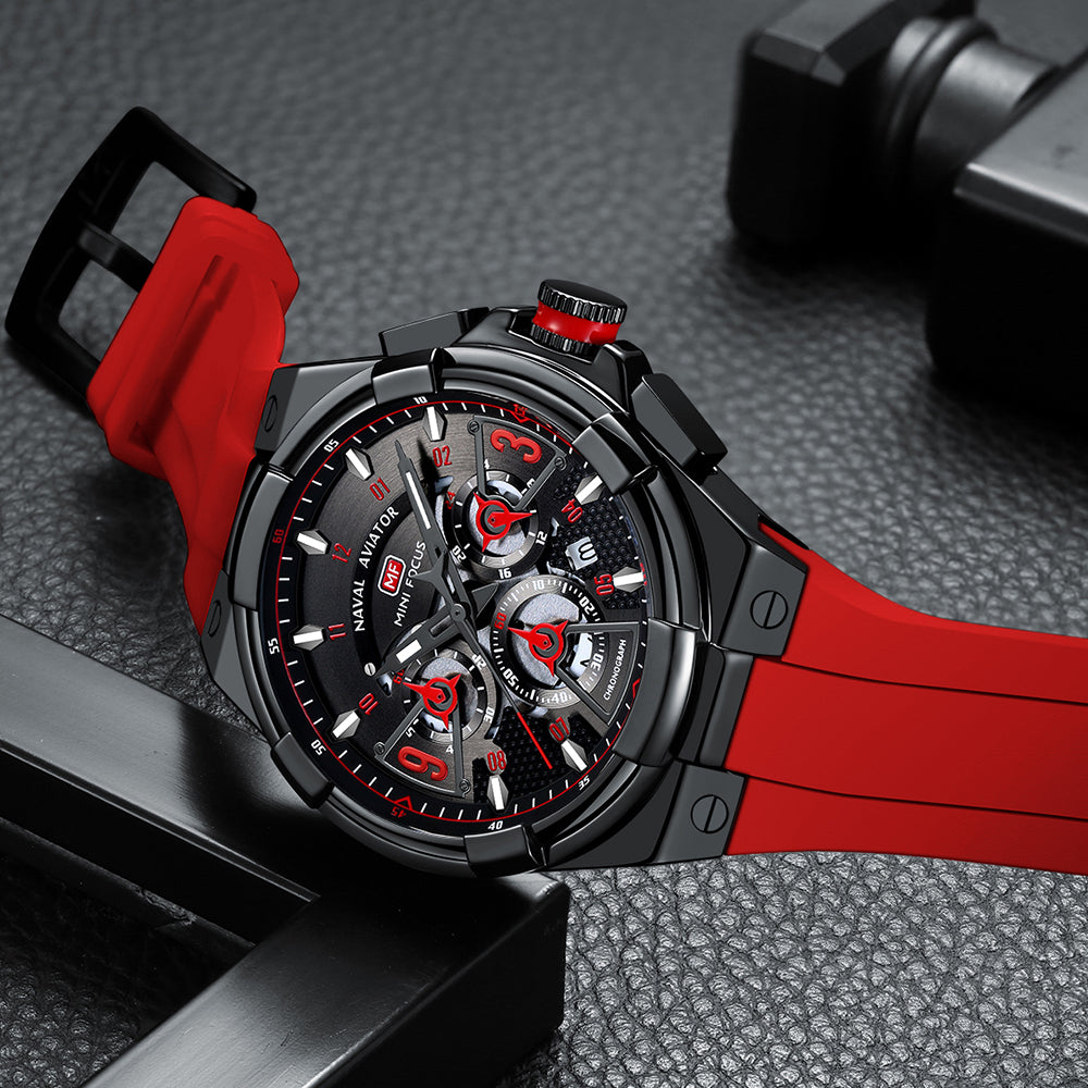 Mini Focus MF0402G.04 Elite Naval Aviator Chronograph – Rose Gold Precision & Crimson Blaze Silicone
