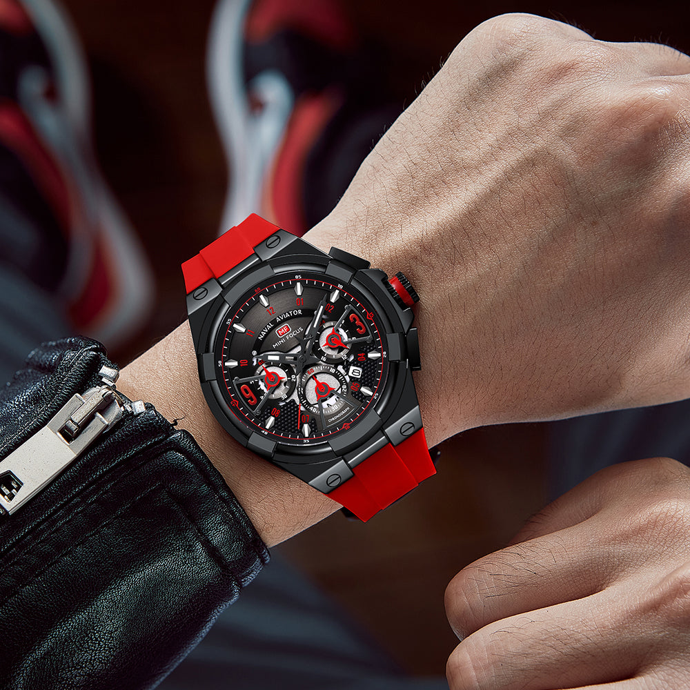 Mini Focus MF0402G.04 Elite Naval Aviator Chronograph – Rose Gold Precision & Crimson Blaze Silicone