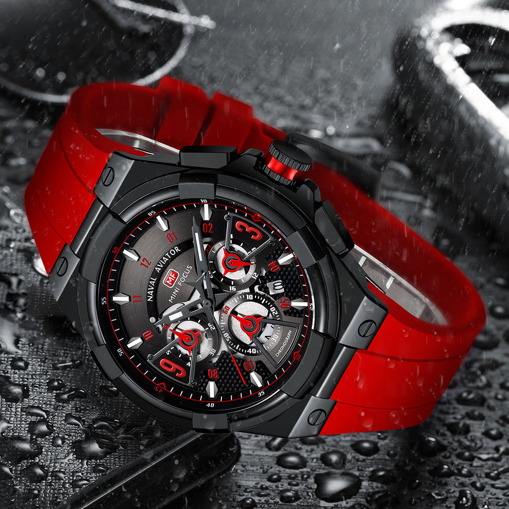 Mini Focus MF0402G.04 Elite Naval Aviator Chronograph – Rose Gold Precision & Crimson Blaze Silicone