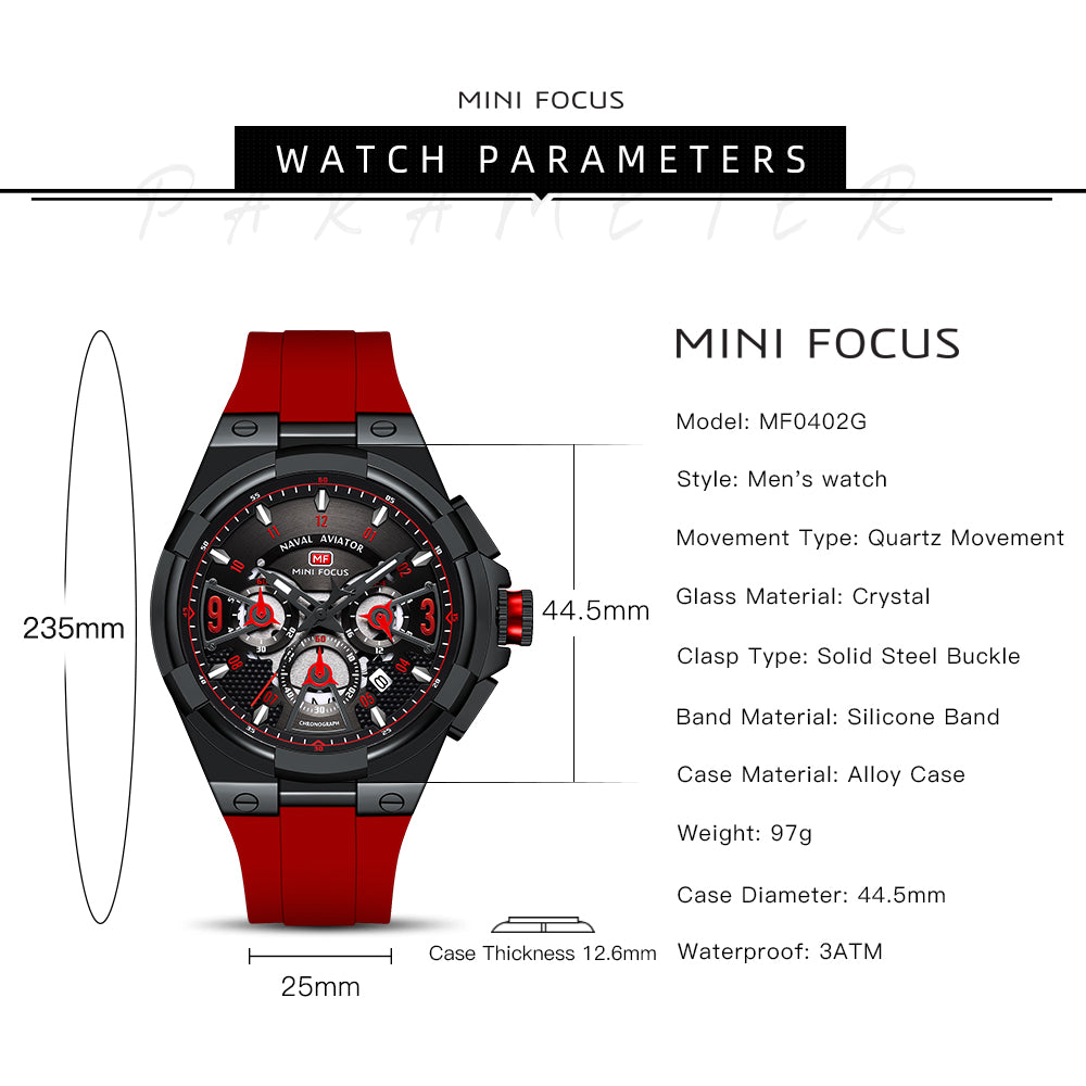 Mini Focus MF0402G.04 Elite Naval Aviator Chronograph – Rose Gold Precision & Crimson Blaze Silicone
