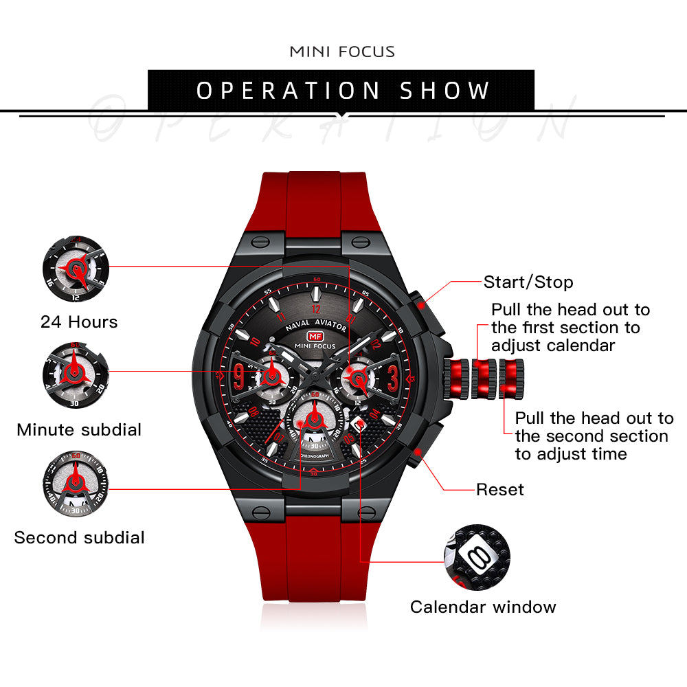Mini Focus MF0402G.04 Elite Naval Aviator Chronograph – Rose Gold Precision & Crimson Blaze Silicone