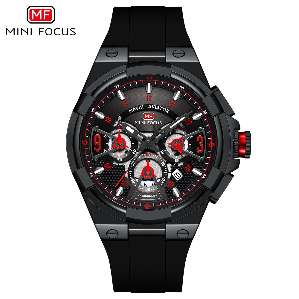 Mini Focus MF0402G.05 Elite Naval Aviator Chronograph – Crimson Accents & Shadow Black Silicone