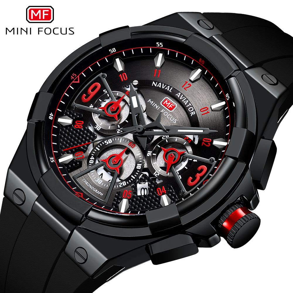 Mini Focus MF0402G.05 Elite Naval Aviator Chronograph – Crimson Accents & Shadow Black Silicone