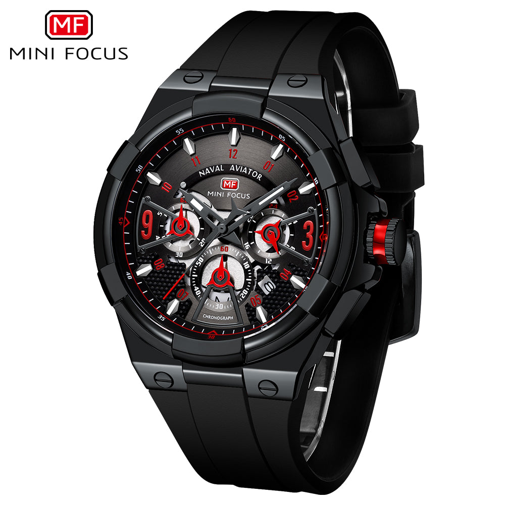Mini Focus MF0402G.05 Elite Naval Aviator Chronograph – Crimson Accents & Shadow Black Silicone