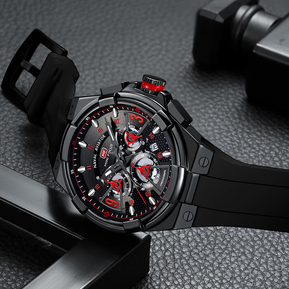 Mini Focus MF0402G.05 Elite Naval Aviator Chronograph – Crimson Accents & Shadow Black Silicone