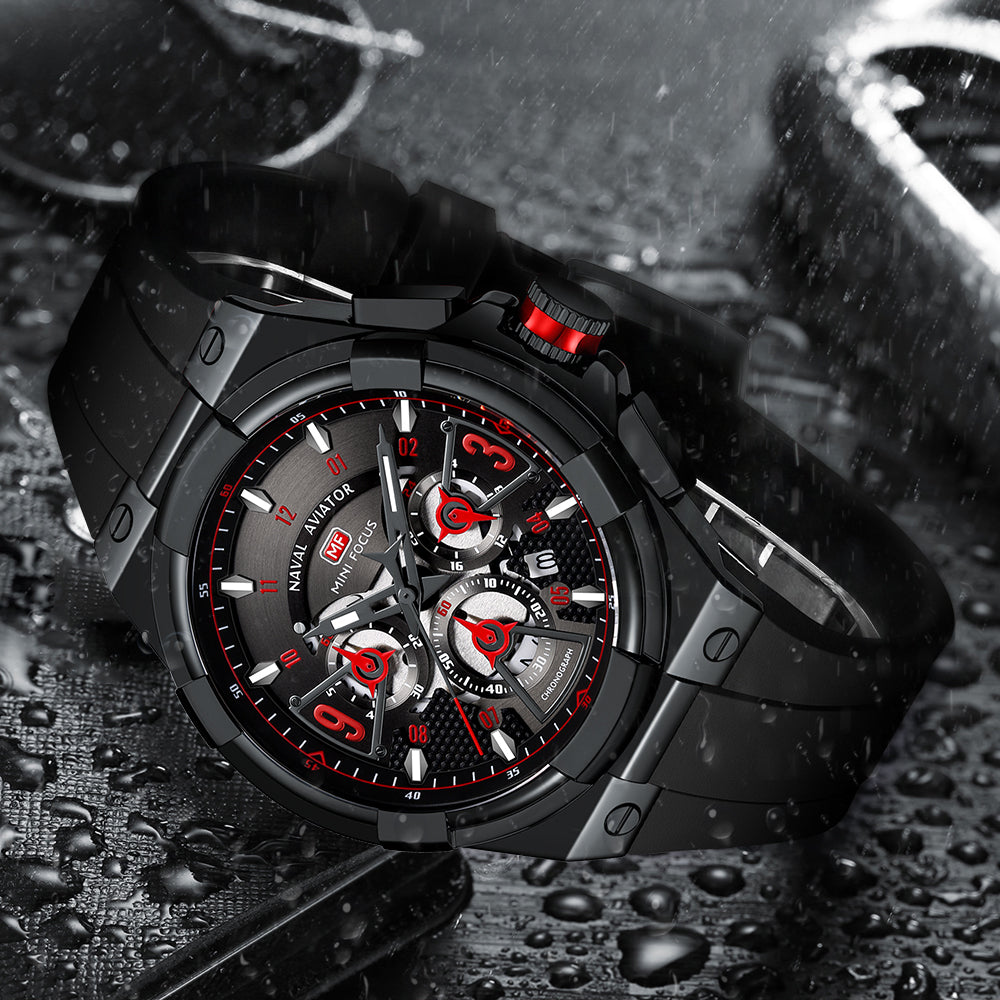 Mini Focus MF0402G.05 Elite Naval Aviator Chronograph – Crimson Accents & Shadow Black Silicone