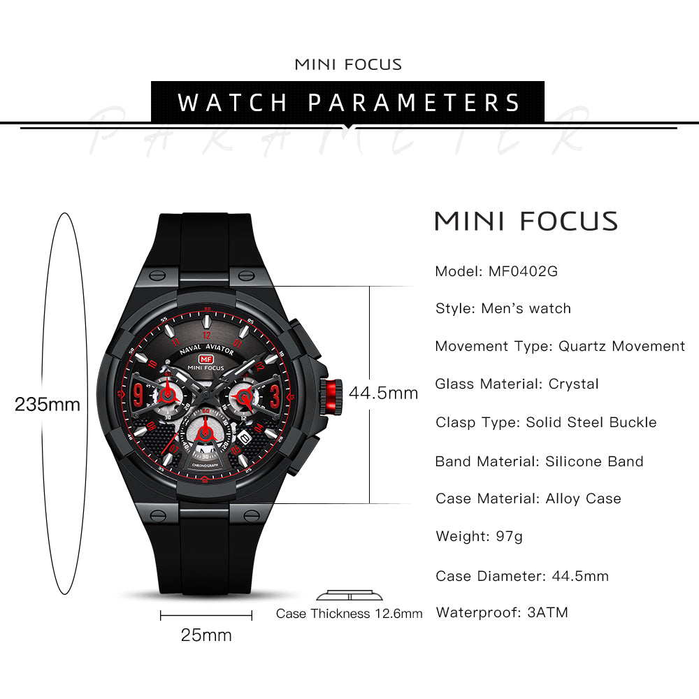 Mini Focus MF0402G.05 Elite Naval Aviator Chronograph – Crimson Accents & Shadow Black Silicone