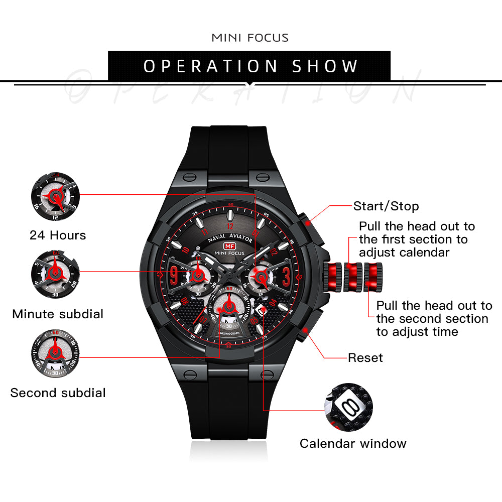 Mini Focus MF0402G.05 Elite Naval Aviator Chronograph – Crimson Accents & Shadow Black Silicone