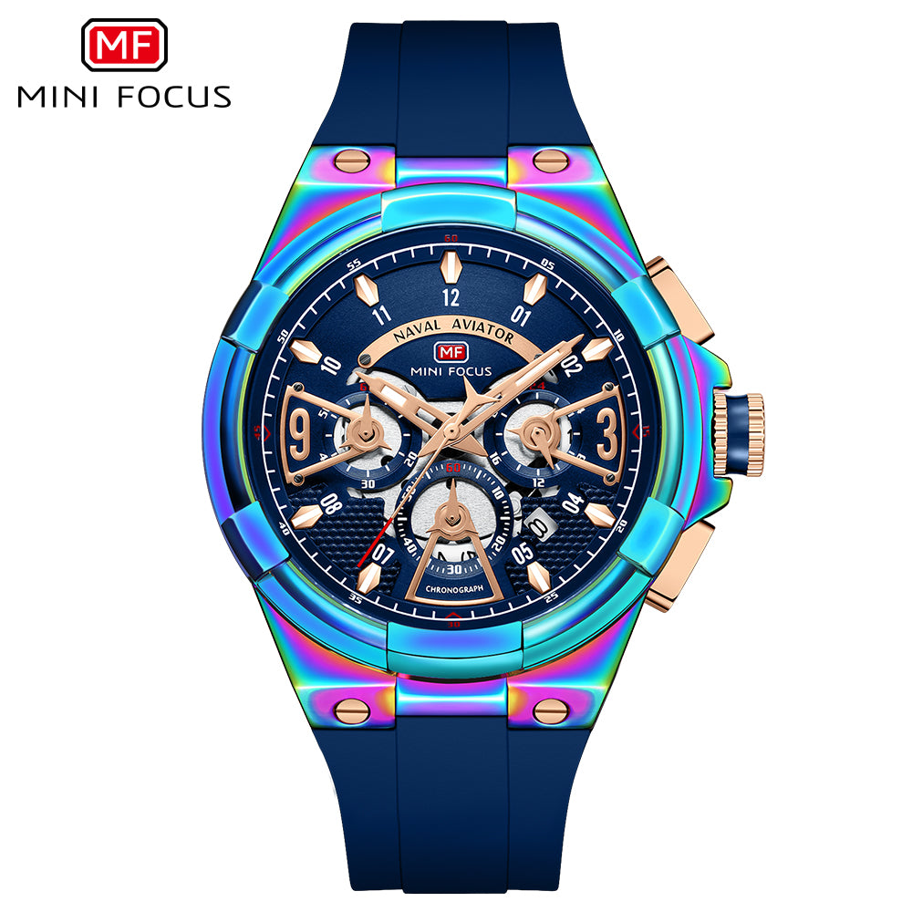 Mini Focus MF0402G.06 Elite Naval Aviator Chronograph – Blue Dial & Iridescent Aurora with Silicone Strap