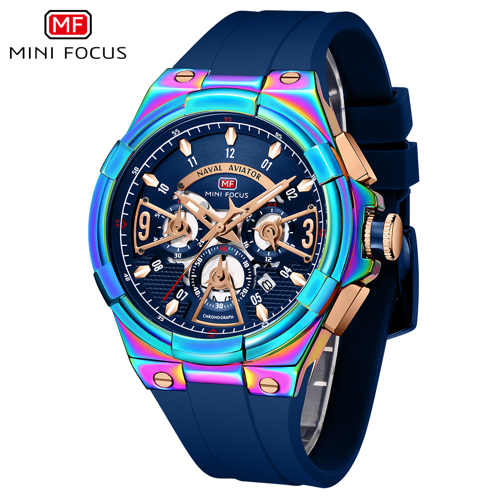 Mini Focus MF0402G.06 Elite Naval Aviator Chronograph – Blue Dial & Iridescent Aurora with Silicone Strap