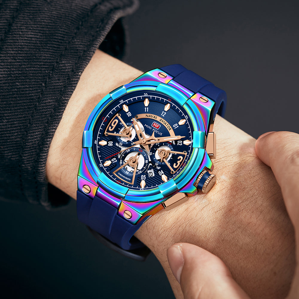 Mini Focus MF0402G.06 Elite Naval Aviator Chronograph – Blue Dial & Iridescent Aurora with Silicone Strap
