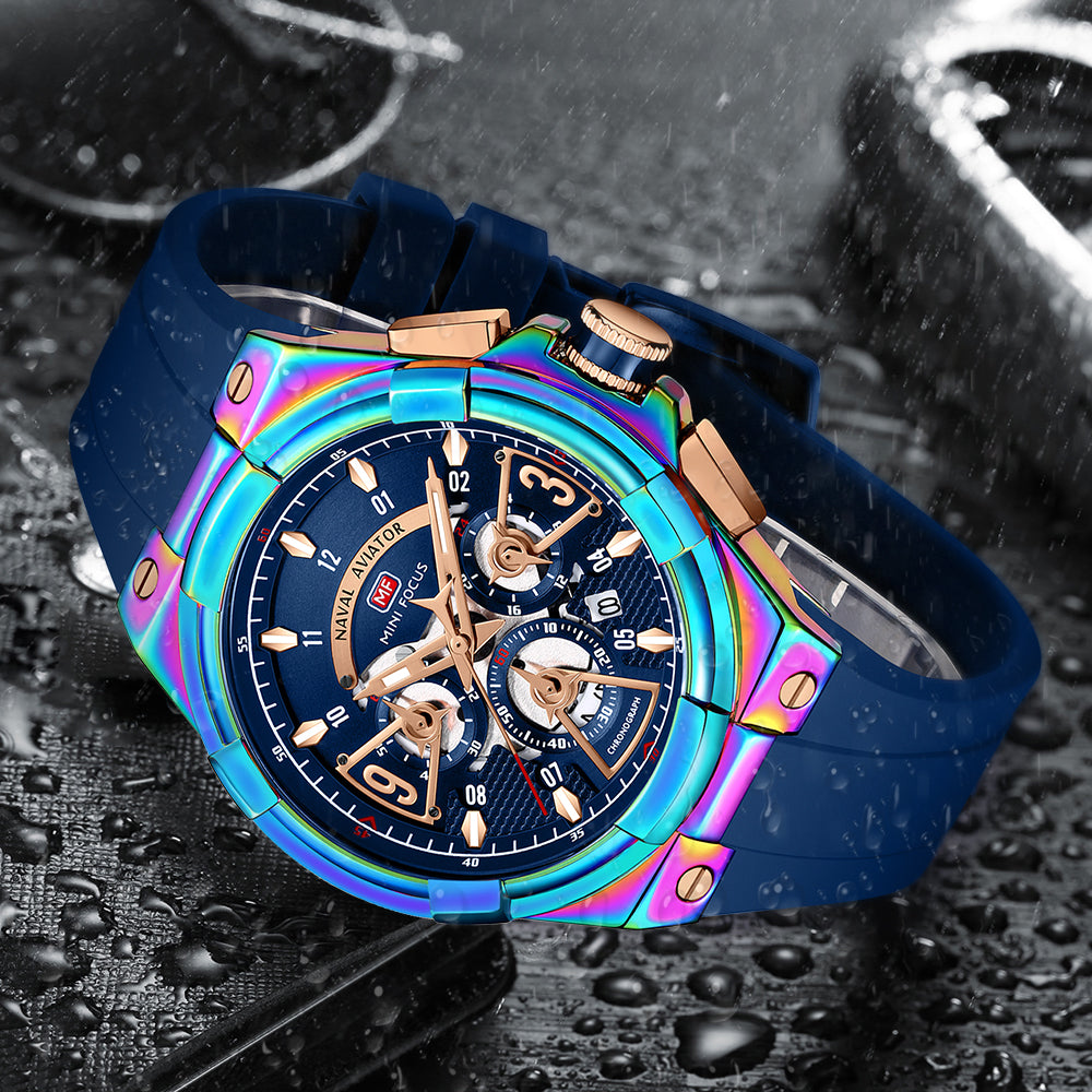 Mini Focus MF0402G.06 Elite Naval Aviator Chronograph – Blue Dial & Iridescent Aurora with Silicone Strap
