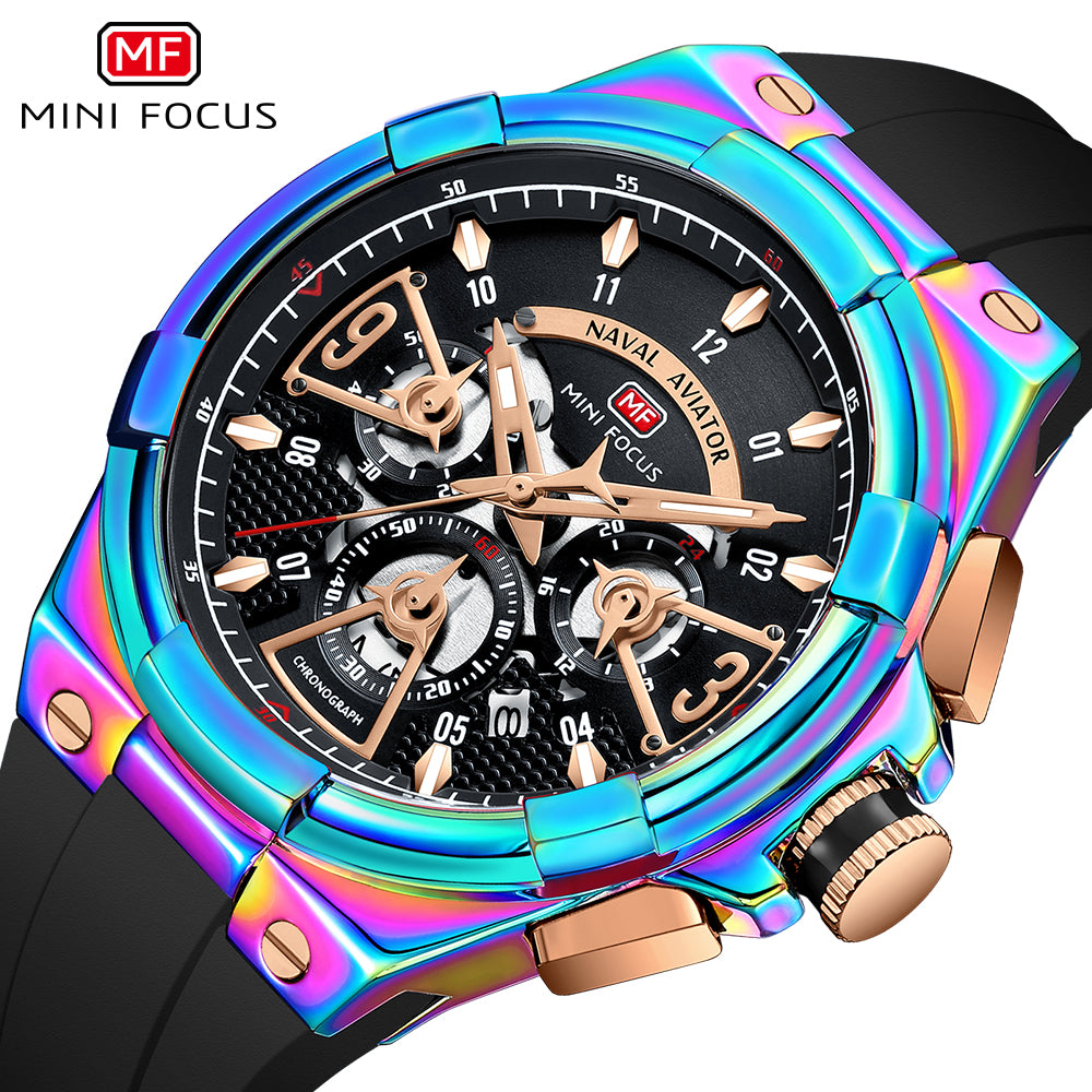 Mini Focus MF0402G.06 Elite Naval Aviator Chronograph – Blue Dial & Iridescent Aurora with Silicone Strap