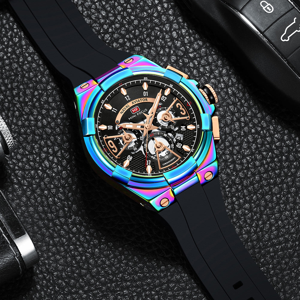 Mini Focus MF0402G.06 Elite Naval Aviator Chronograph – Blue Dial & Iridescent Aurora with Silicone Strap