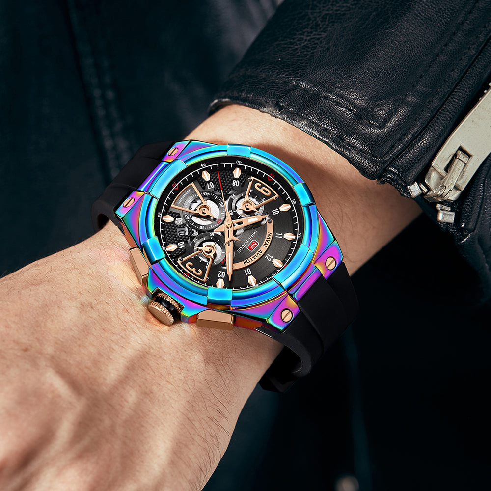 Mini Focus MF0402G.06 Elite Naval Aviator Chronograph – Blue Dial & Iridescent Aurora with Silicone Strap