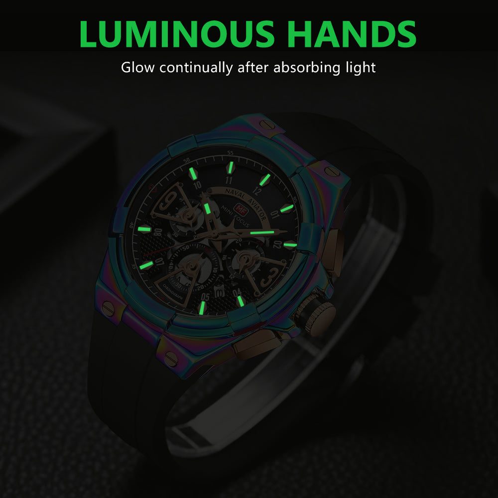 Mini Focus MF0402G.06 Elite Naval Aviator Chronograph – Blue Dial & Iridescent Aurora with Silicone Strap