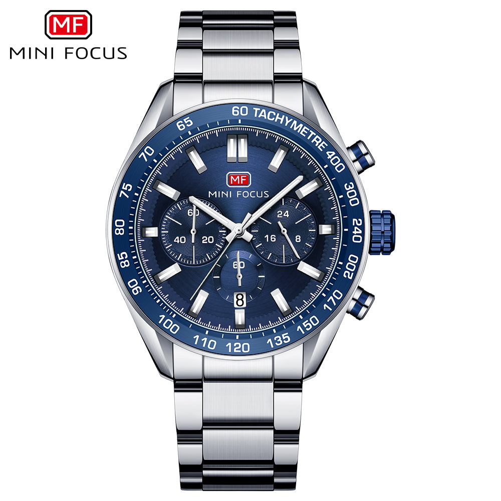 Mini Focus MF0403G.01 Silver and Blue Racer Chronograph Watch for Men with Date Display