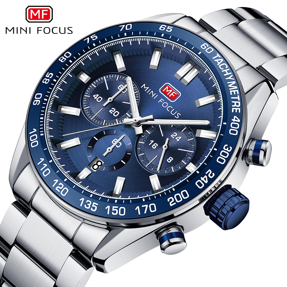 Mini Focus MF0403G.01 Silver and Blue Racer Chronograph Watch for Men with Date Display