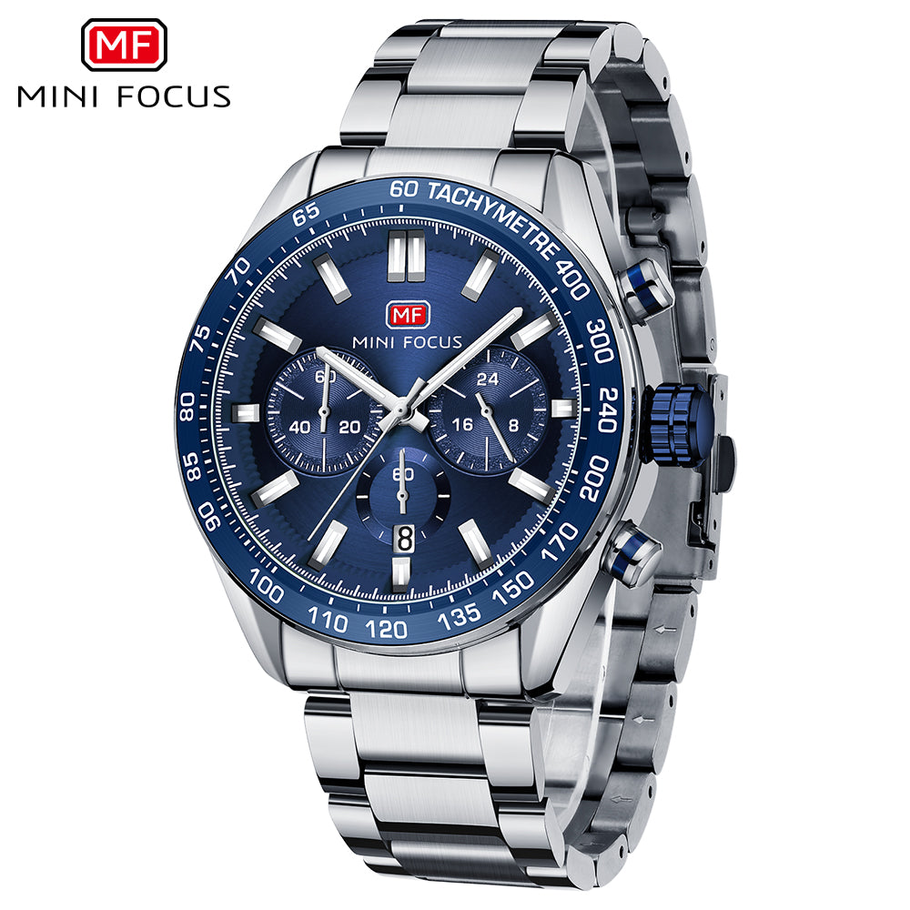Mini Focus MF0403G.01 Silver and Blue Racer Chronograph Watch for Men with Date Display
