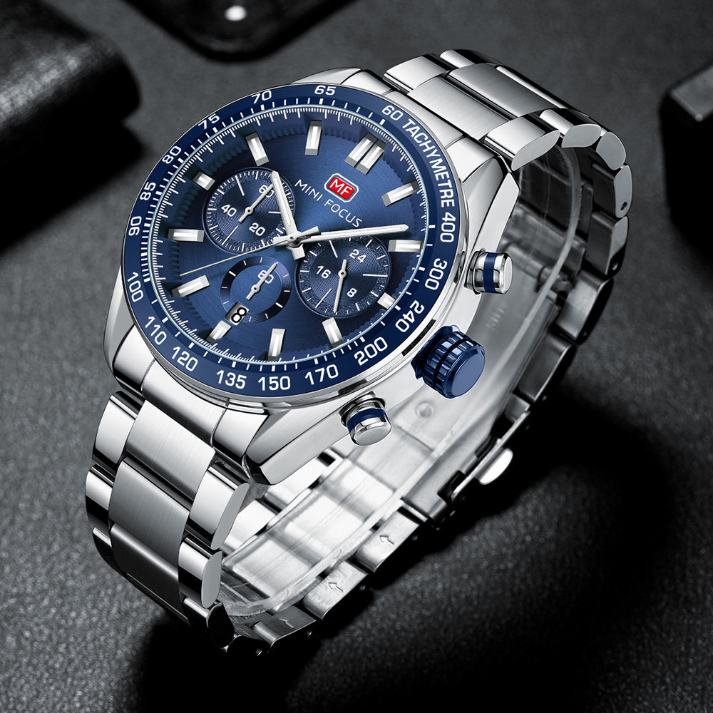 Mini Focus MF0403G.01 Silver and Blue Racer Chronograph Watch for Men with Date Display