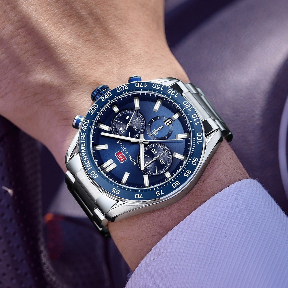 Mini Focus MF0403G.01 Silver and Blue Racer Chronograph Watch for Men with Date Display