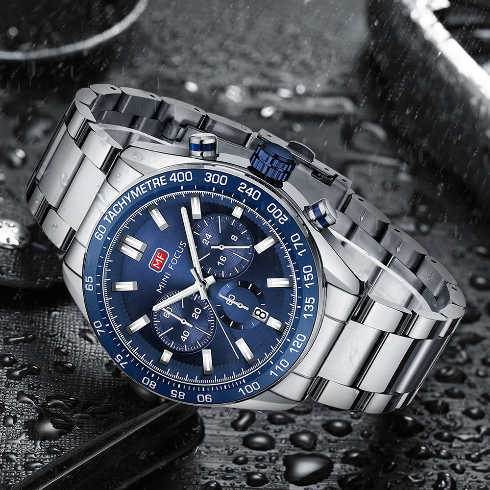 Mini Focus MF0403G.01 Silver and Blue Racer Chronograph Watch for Men with Date Display