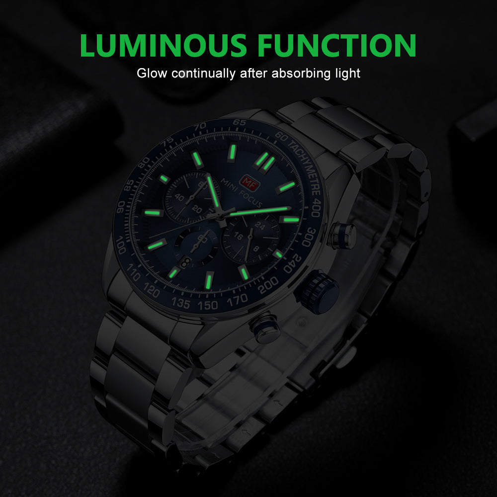 Mini Focus MF0403G.01 Silver and Blue Racer Chronograph Watch for Men with Date Display