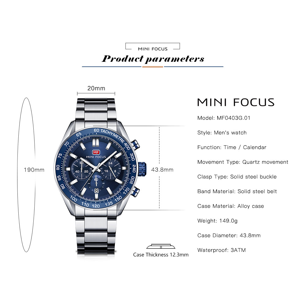 Mini Focus MF0403G.01 Silver and Blue Racer Chronograph Watch for Men with Date Display