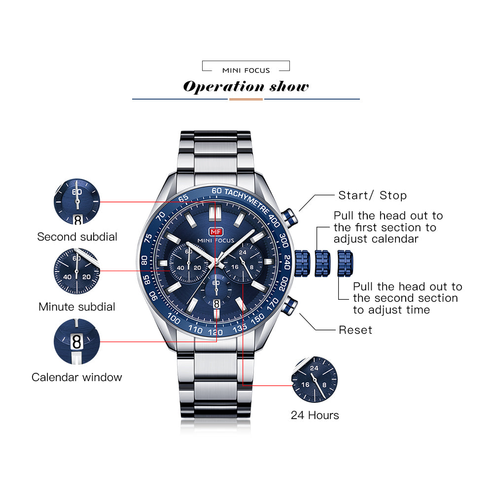 Mini Focus MF0403G.01 Silver and Blue Racer Chronograph Watch for Men with Date Display