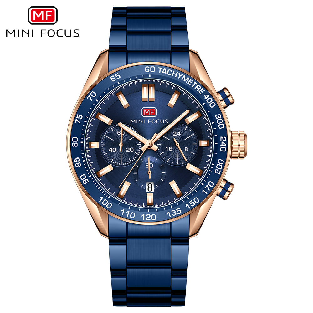 Mini Focus MF0403G.04 Blue and Rose Gold Chronograph Watch for Men with Date Display