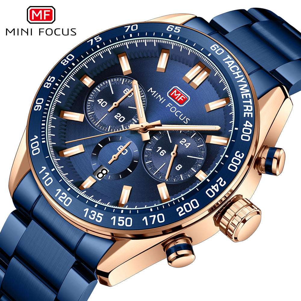 Mini Focus MF0403G.04 Blue and Rose Gold Chronograph Watch for Men with Date Display