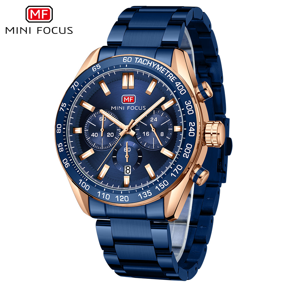 Mini Focus MF0403G.04 Blue and Rose Gold Chronograph Watch for Men with Date Display