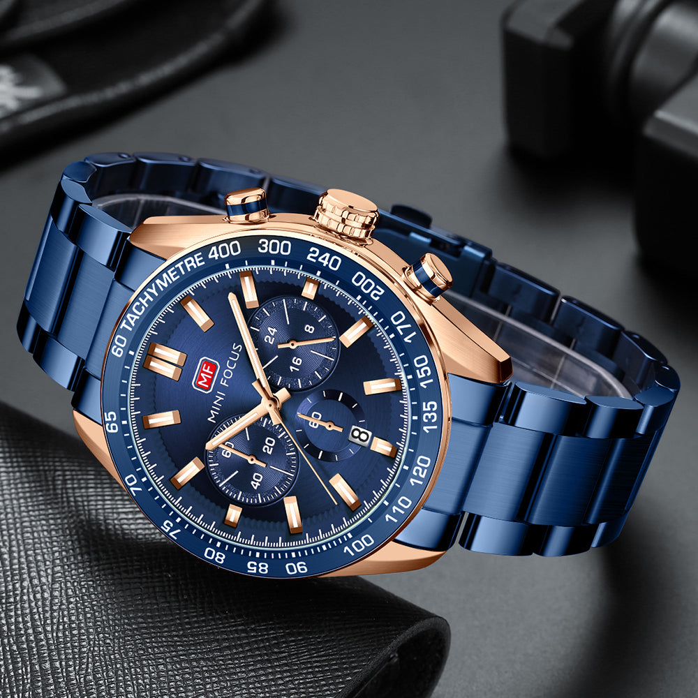 Mini Focus MF0403G.04 Blue and Rose Gold Chronograph Watch for Men with Date Display