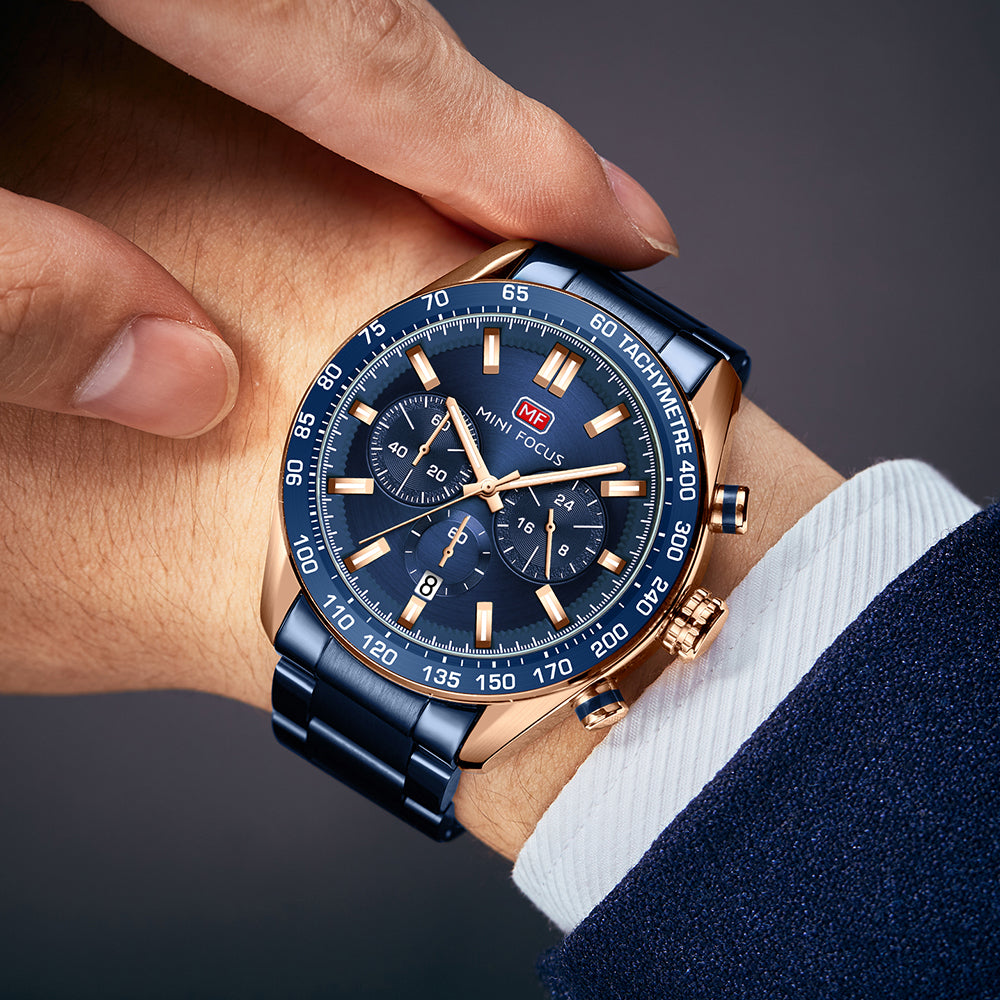 Mini Focus MF0403G.04 Blue and Rose Gold Chronograph Watch for Men with Date Display