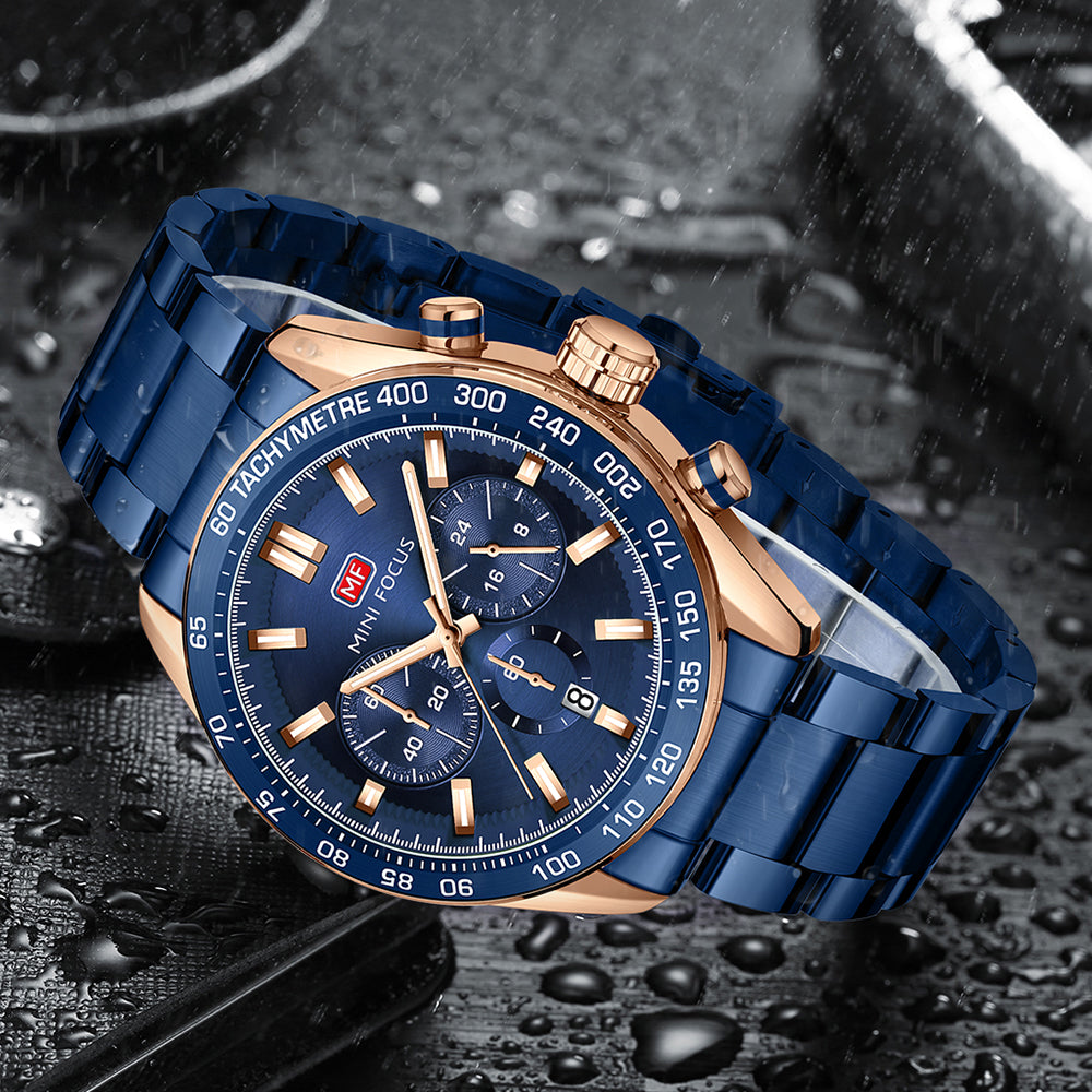Mini Focus MF0403G.04 Blue and Rose Gold Chronograph Watch for Men with Date Display