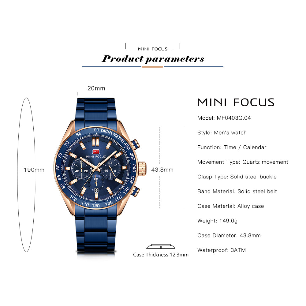 Mini Focus MF0403G.04 Blue and Rose Gold Chronograph Watch for Men with Date Display