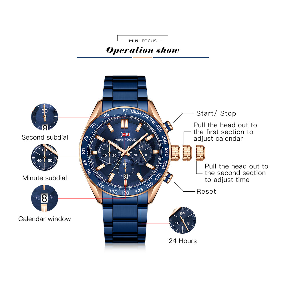 Mini Focus MF0403G.04 Blue and Rose Gold Chronograph Watch for Men with Date Display