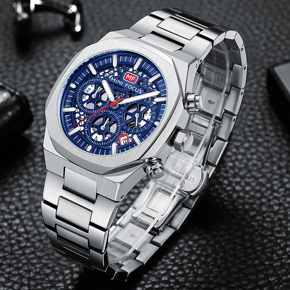 Mini Focus MF0411G.01 Elite Midnight Skeleton Chronograph – Stealth Black Steel & Exposed Precision Gears