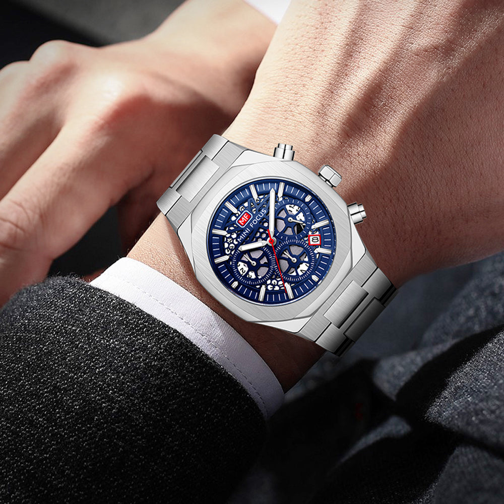 Mini Focus MF0411G.01 Elite Midnight Skeleton Chronograph – Stealth Black Steel & Exposed Precision Gears
