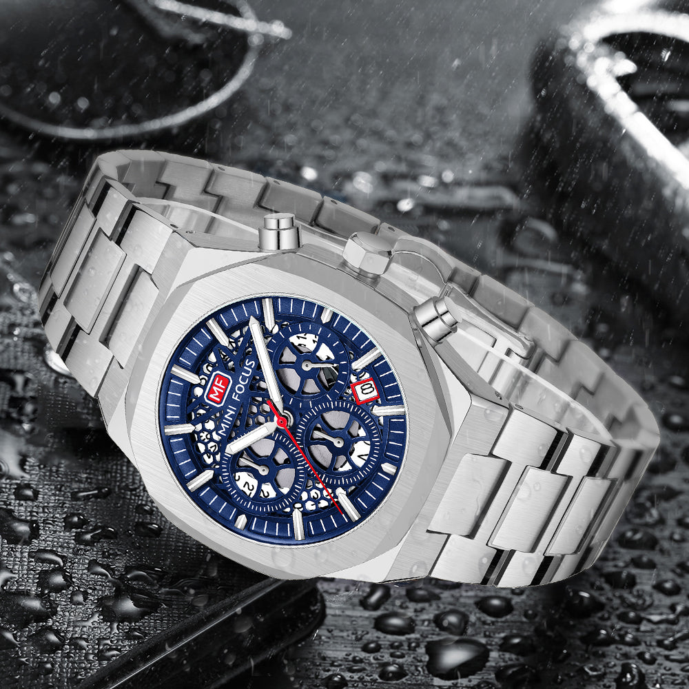 Mini Focus MF0411G.01 Elite Midnight Skeleton Chronograph – Stealth Black Steel & Exposed Precision Gears