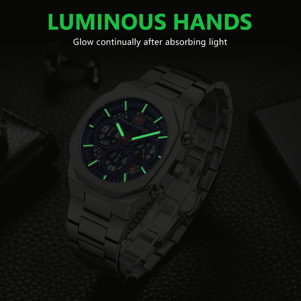 Mini Focus MF0411G.01 Elite Midnight Skeleton Chronograph – Stealth Black Steel & Exposed Precision Gears