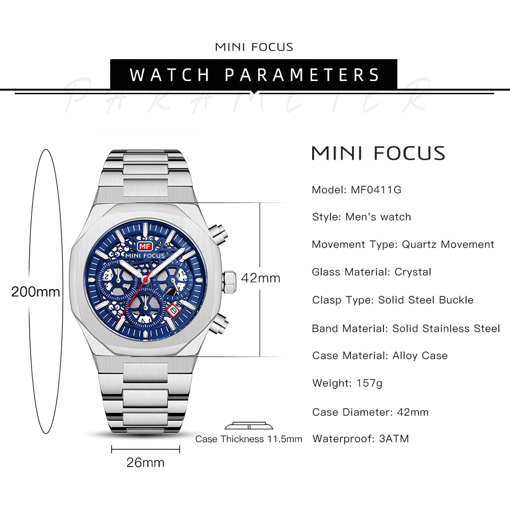 Mini Focus MF0411G.01 Elite Midnight Skeleton Chronograph – Stealth Black Steel & Exposed Precision Gears