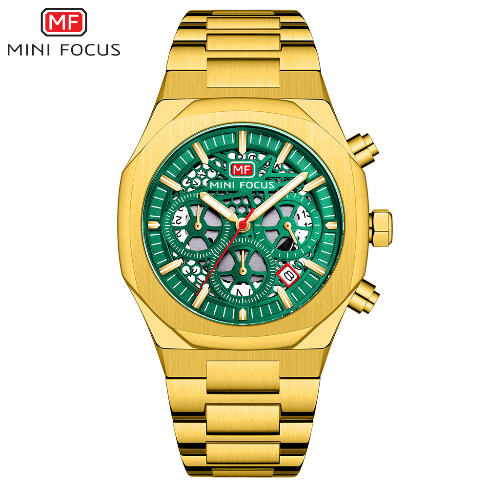 Mini Focus MF0411G.02 Sovereign Verdant Skeleton Chronograph – Shadow Steel & Luminous Gear Mastery