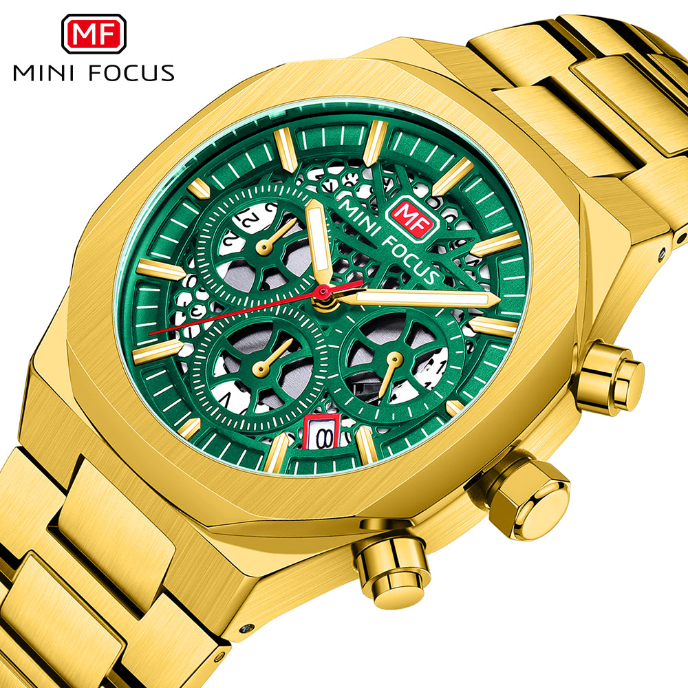 Mini Focus MF0411G.02 Sovereign Verdant Skeleton Chronograph – Shadow Steel & Luminous Gear Mastery