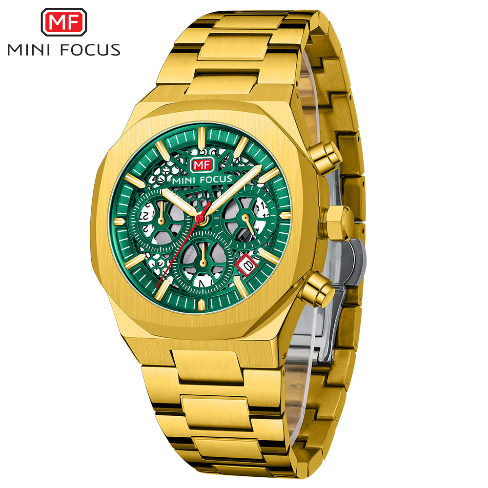 Mini Focus MF0411G.02 Sovereign Verdant Skeleton Chronograph – Shadow Steel & Luminous Gear Mastery