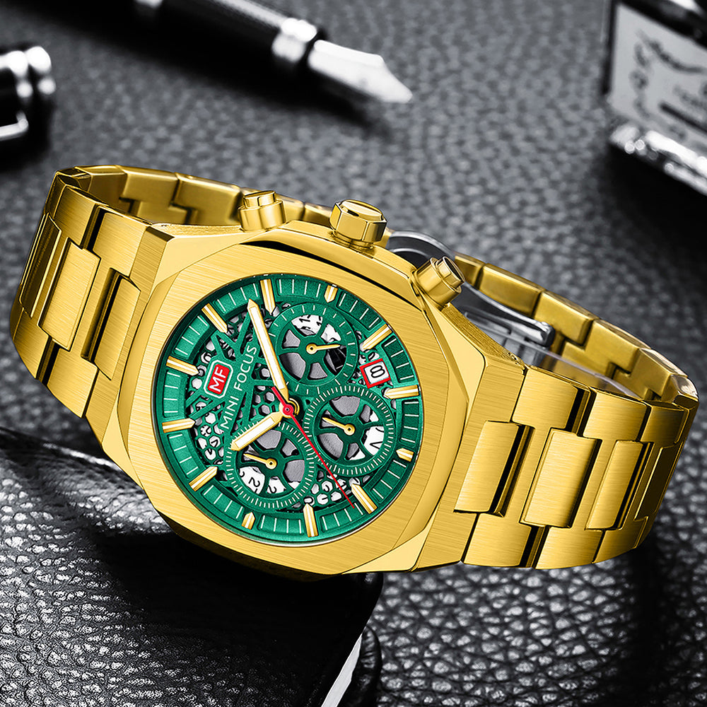 Mini Focus MF0411G.02 Sovereign Verdant Skeleton Chronograph – Shadow Steel & Luminous Gear Mastery