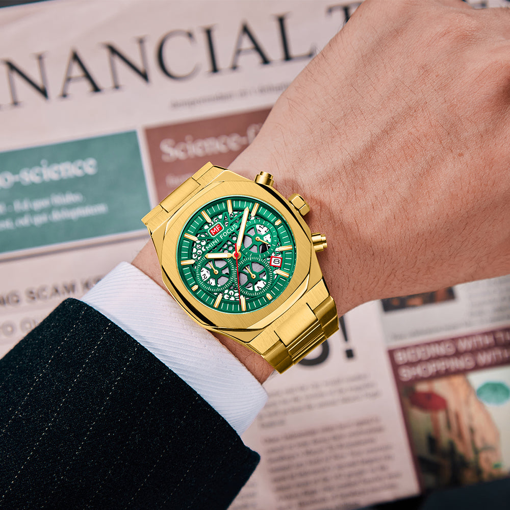Mini Focus MF0411G.02 Sovereign Verdant Skeleton Chronograph – Shadow Steel & Luminous Gear Mastery