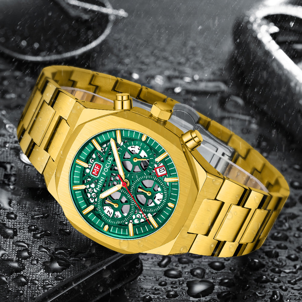 Mini Focus MF0411G.02 Sovereign Verdant Skeleton Chronograph – Shadow Steel & Luminous Gear Mastery