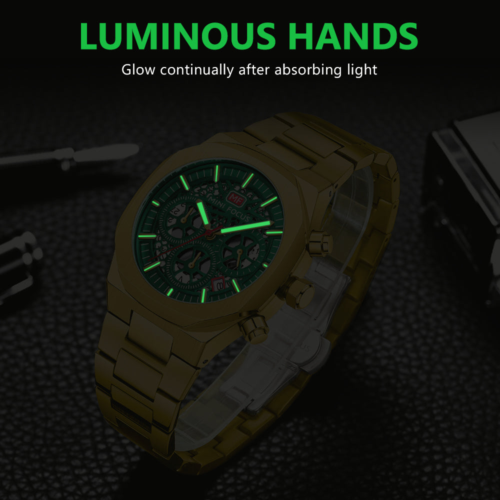 Mini Focus MF0411G.02 Sovereign Verdant Skeleton Chronograph – Shadow Steel & Luminous Gear Mastery