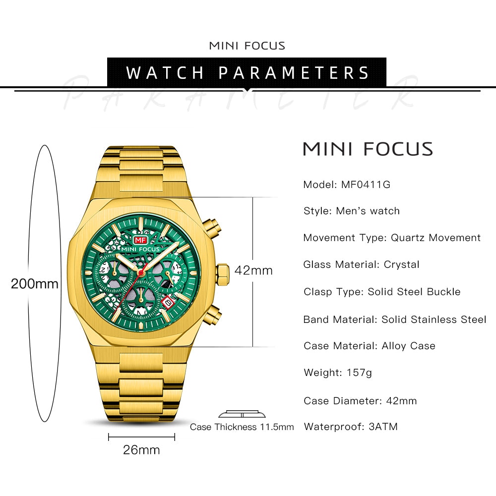 Mini Focus MF0411G.02 Sovereign Verdant Skeleton Chronograph – Shadow Steel & Luminous Gear Mastery